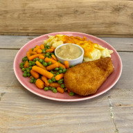 Doperwten en wortel met aardappelgratin en kipschnitzel